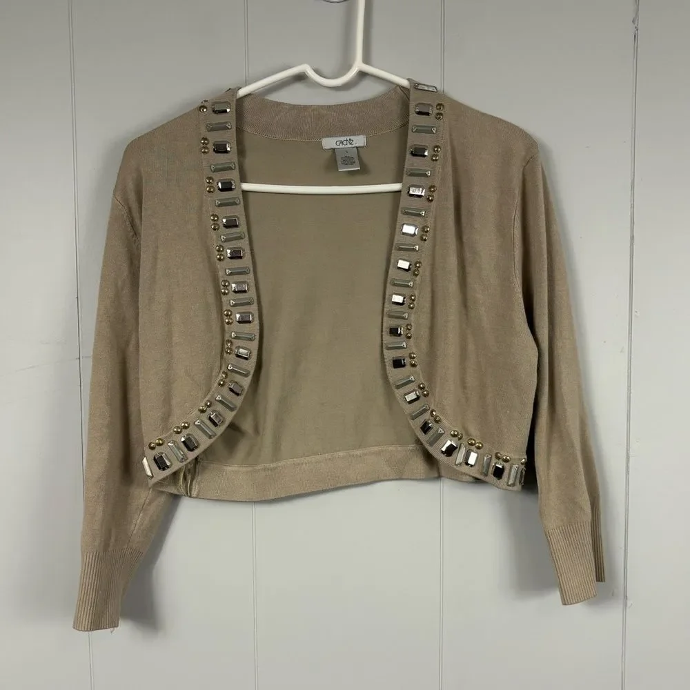 Cache Vintage Y2K Tan Beaded Crop Cardigan Large Workwear Casual Old Money